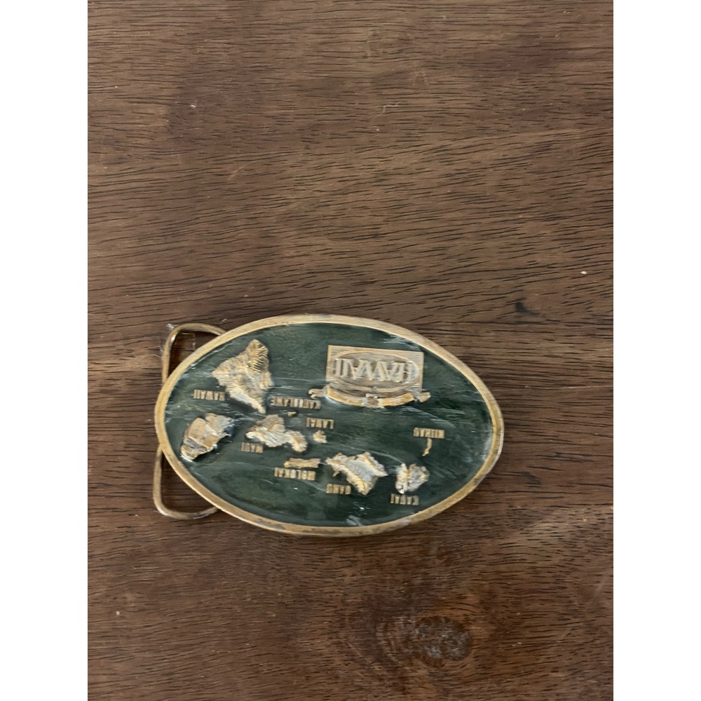 Vintage 1984 Arroyo Grande Buckle Co Hawaii Islands Map Brass Belt Buckle Green